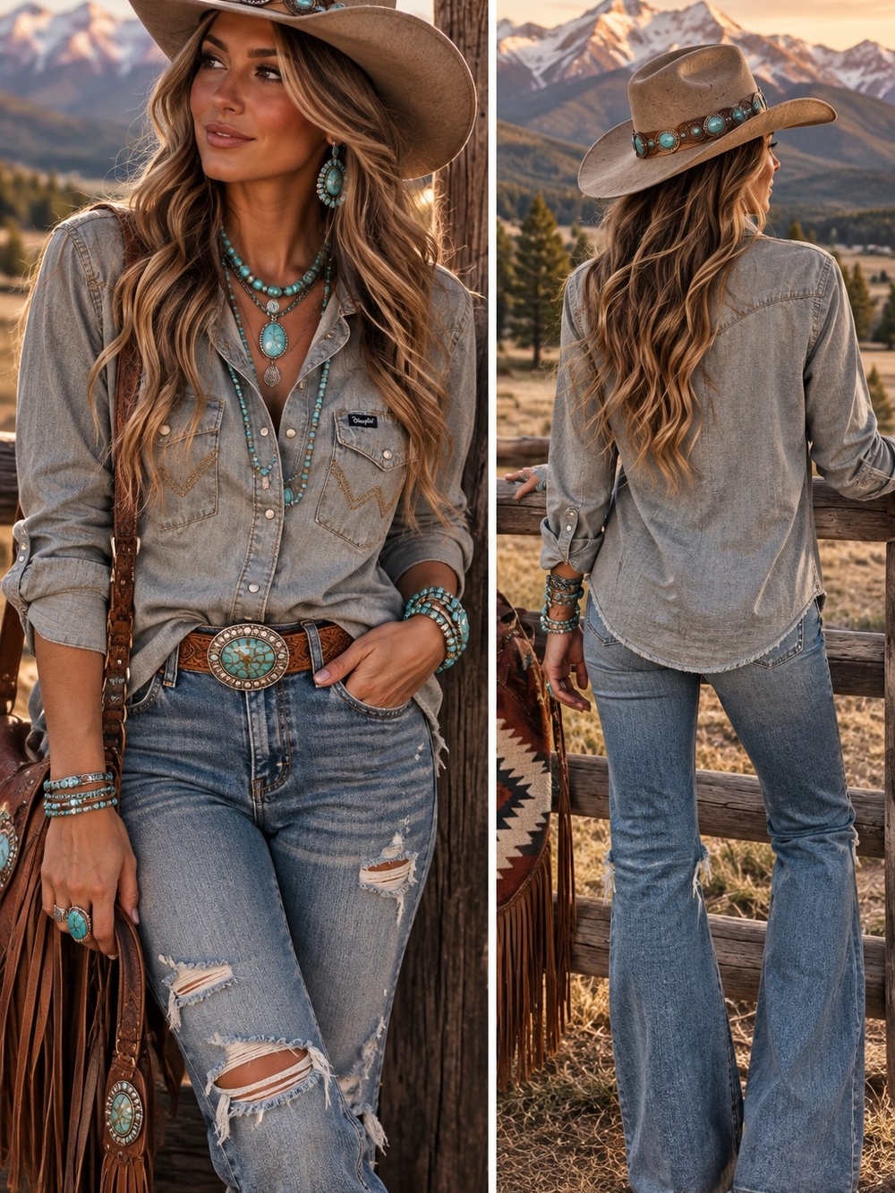 Western Chambray Button-Up Shirt - Taupe Gray NWOT